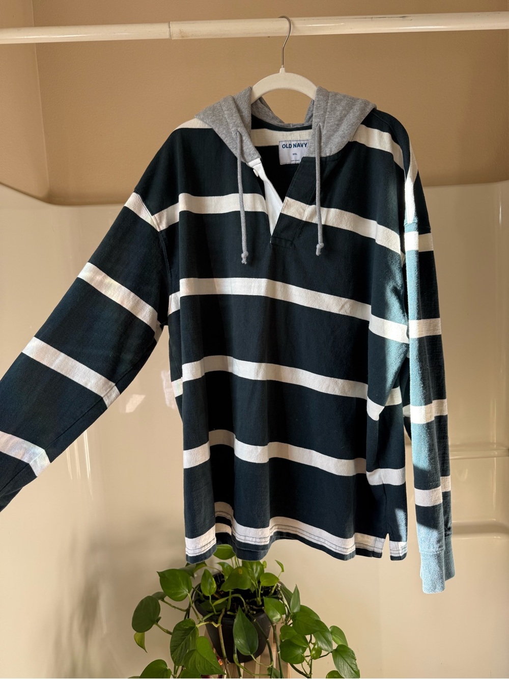 Old Navy Black & White Striped Hooded Long-Sleeve Pullover
